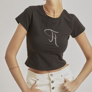 Threetimes Rhinestone Crystal Logo Black Baby Tee Tshirt XS